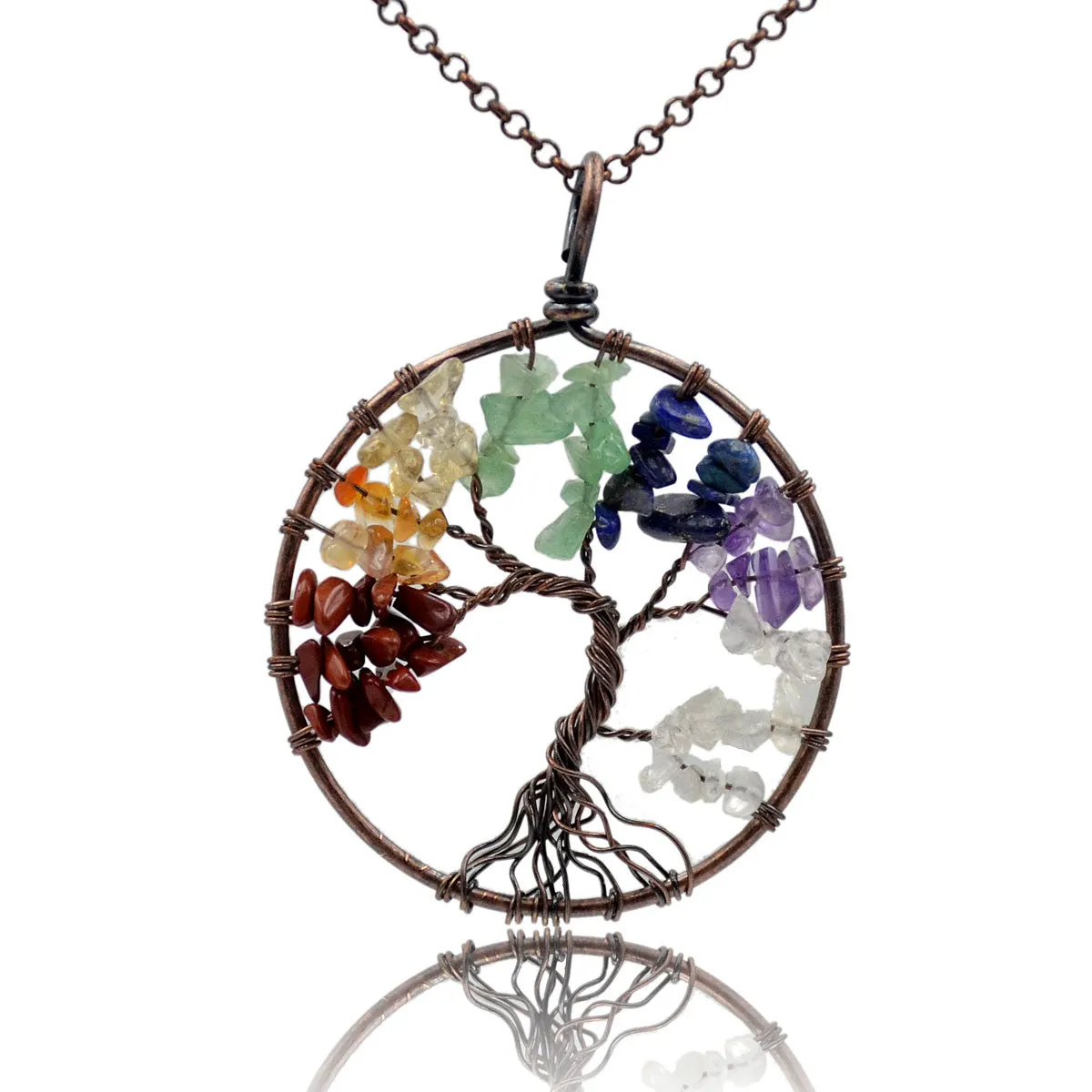 Tree of Life Pendant Necklace Chakra Gemstone 50mm Copper Wrap