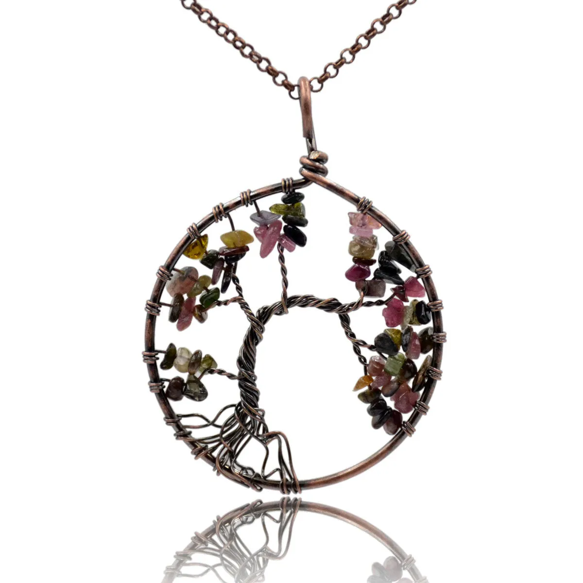 Tree of Life Pendant Necklace Chakra Gemstone 50mm Copper Wrap