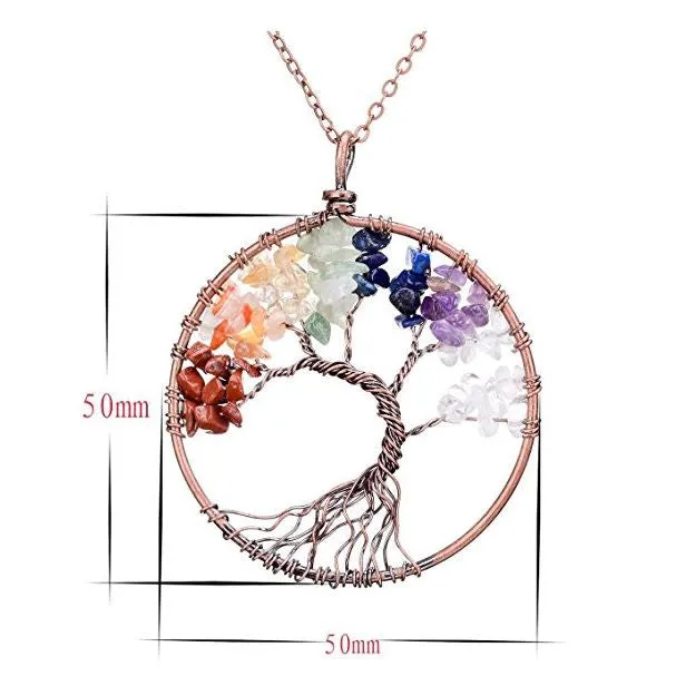 Tree of Life Pendant Necklace Chakra Gemstone 50mm Copper Wrap