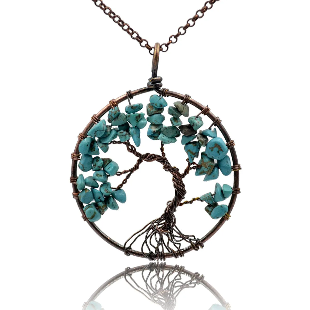 Tree of Life Pendant Necklace Chakra Gemstone 50mm Copper Wrap