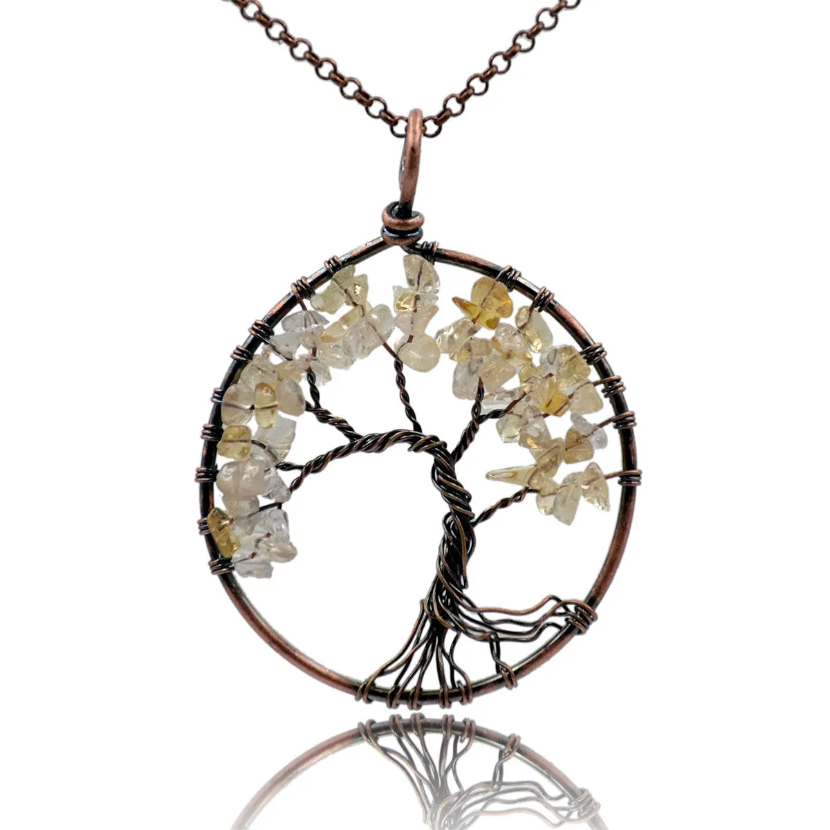 Tree of Life Pendant Necklace Chakra Gemstone 50mm Copper Wrap