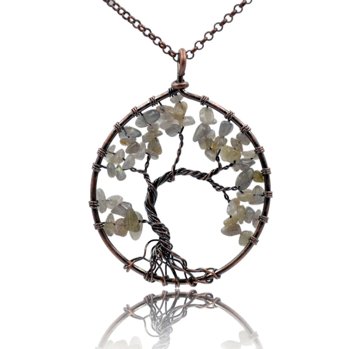 Tree of Life Pendant Necklace Chakra Gemstone 50mm Copper Wrap