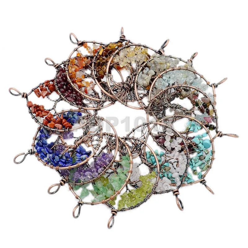 Tree of Life Pendant Necklace Chakra Gemstone 50mm Copper Wrap