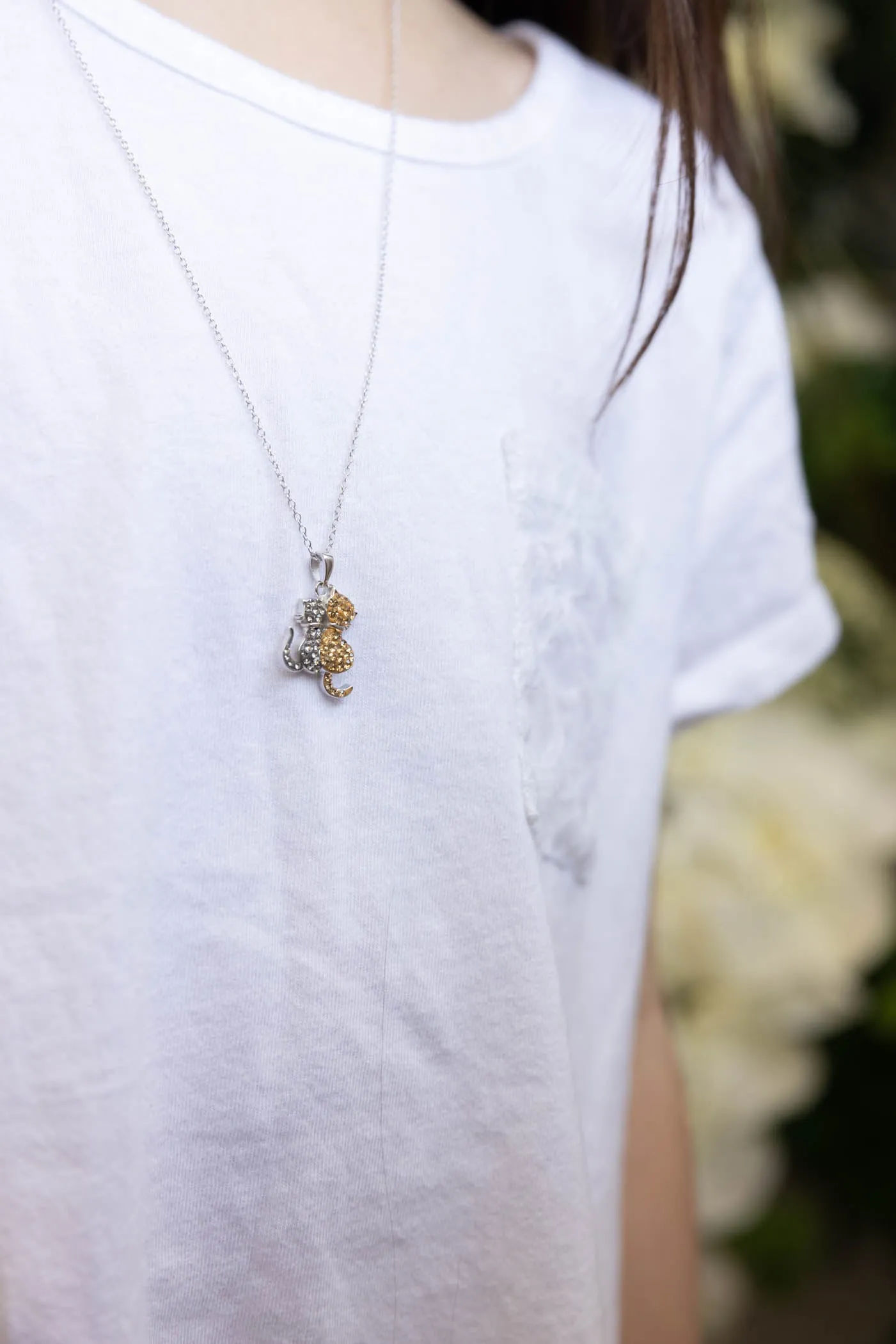 Two Cat Friends Crystal Sterling Silver Necklace