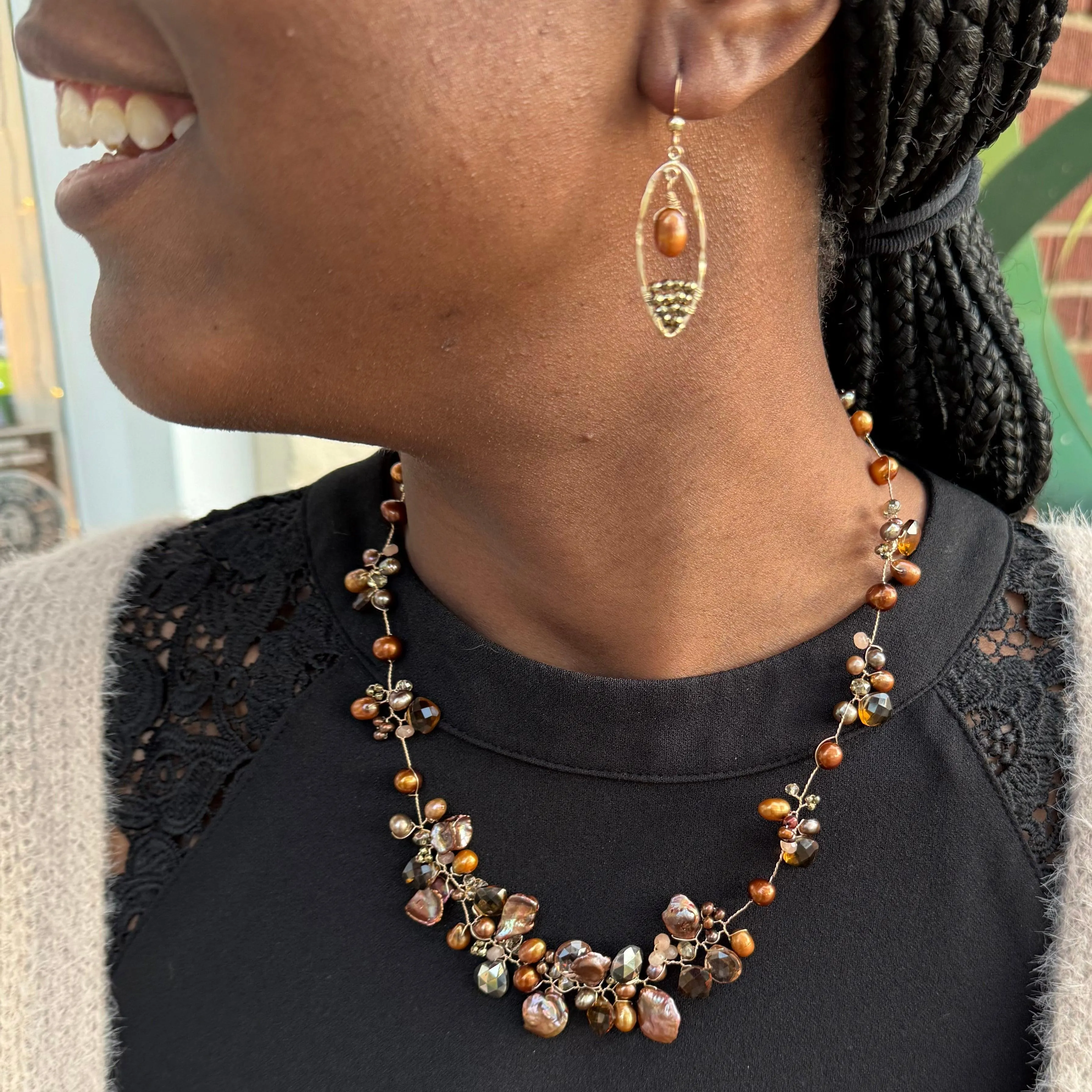 Unique Chocolate Pearl & Whiskey Topaz Signature Necklace Set