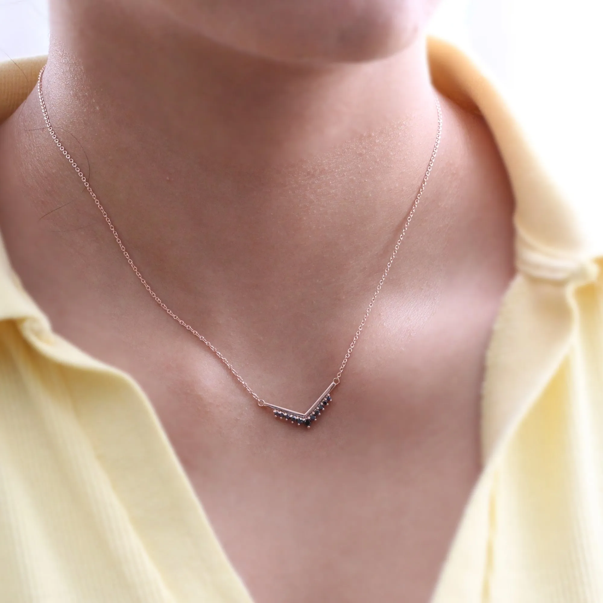 V Shaped Black Diamond Necklace in 14k Gold Tiara Drop Pendant