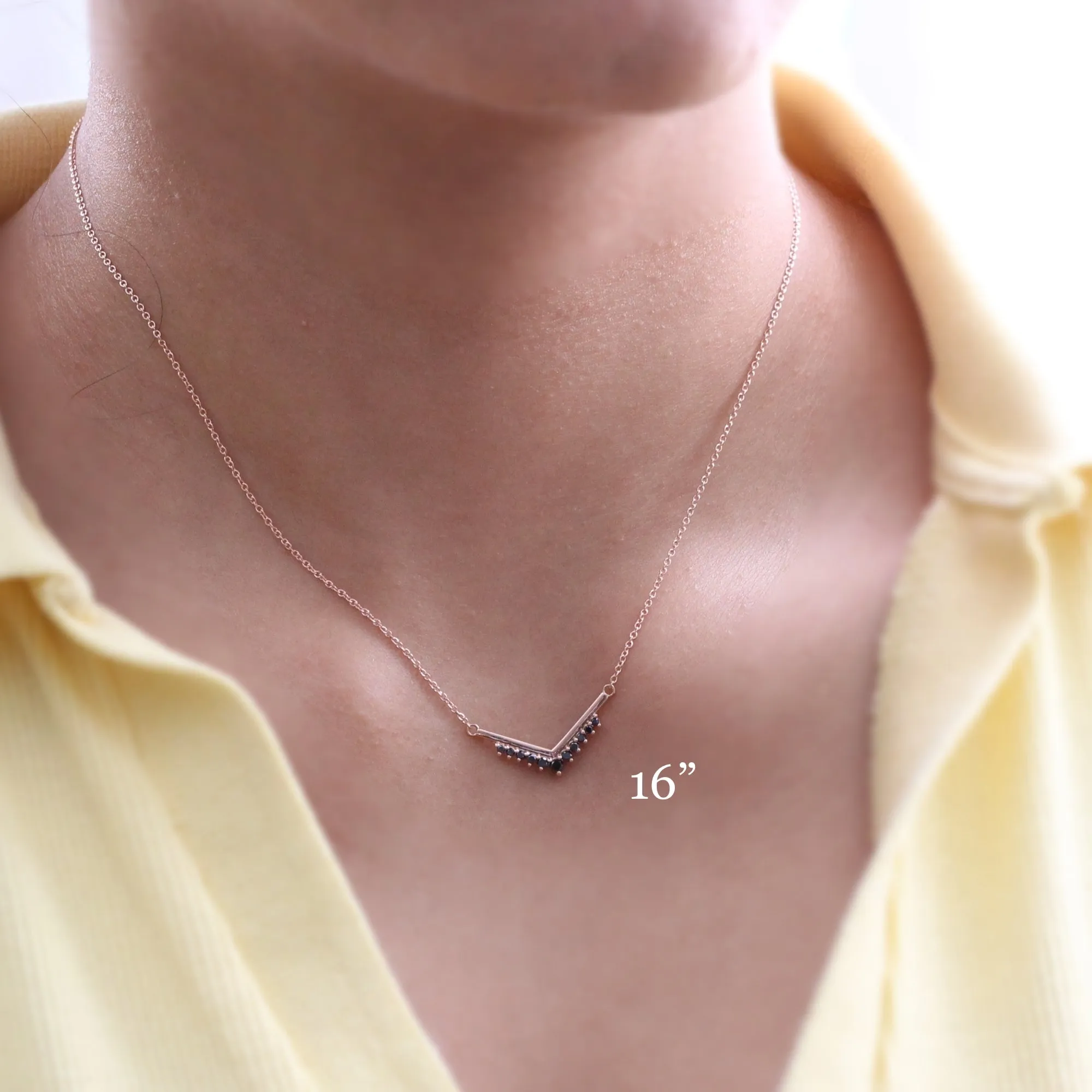 V Shaped Black Diamond Necklace in 14k Gold Tiara Drop Pendant