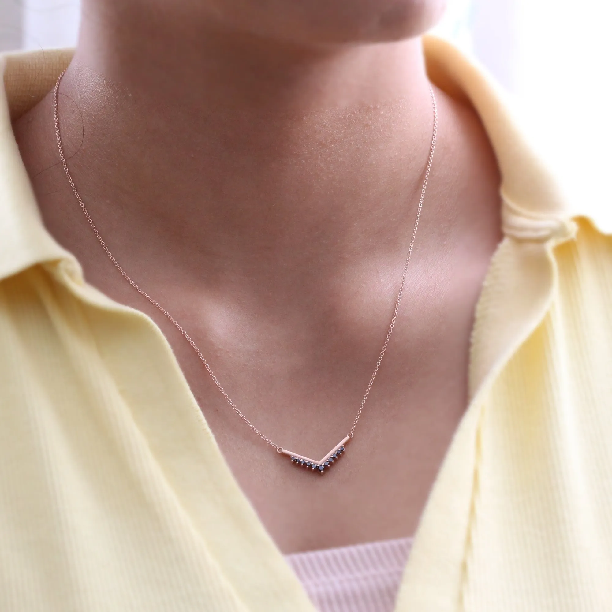V Shaped Black Diamond Necklace in 14k Gold Tiara Drop Pendant