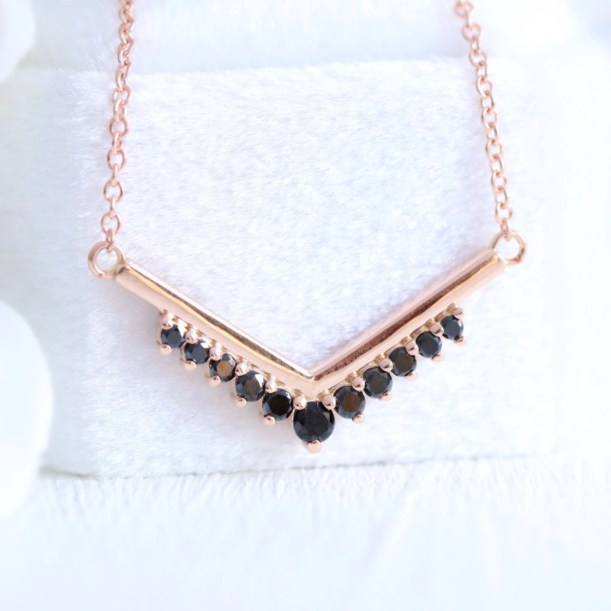 V Shaped Black Diamond Necklace in 14k Gold Tiara Drop Pendant