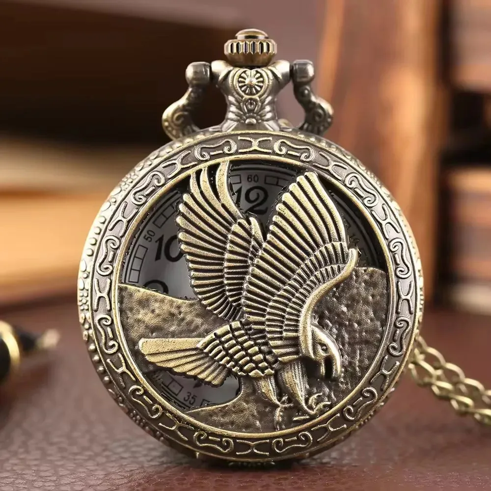 Vintage Bronze Metal Eagle Antique Pocket Watch with Chain