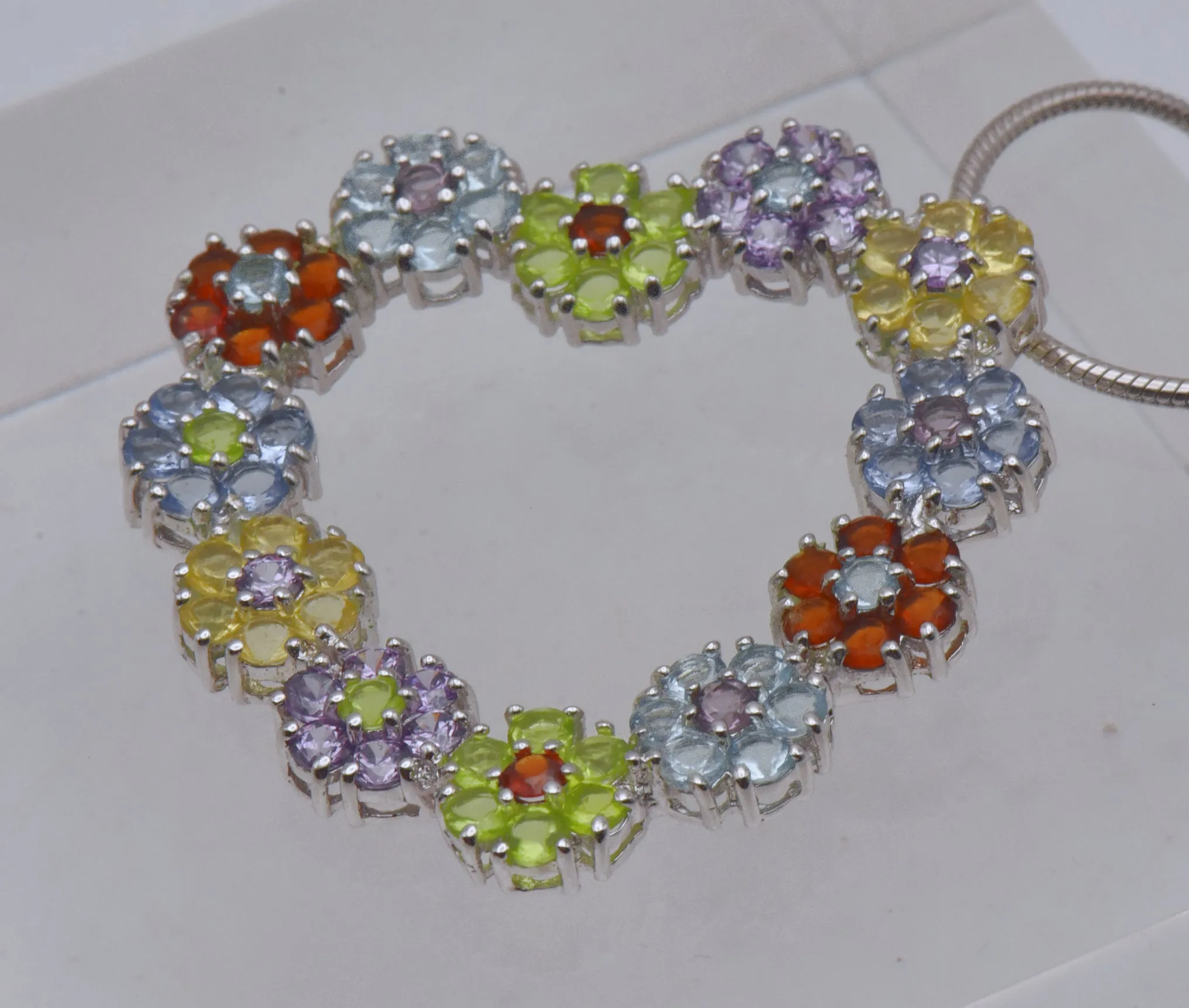 Vintage Colorful Rhinestone Floral Heart Pendant on Chain Necklace - 24"