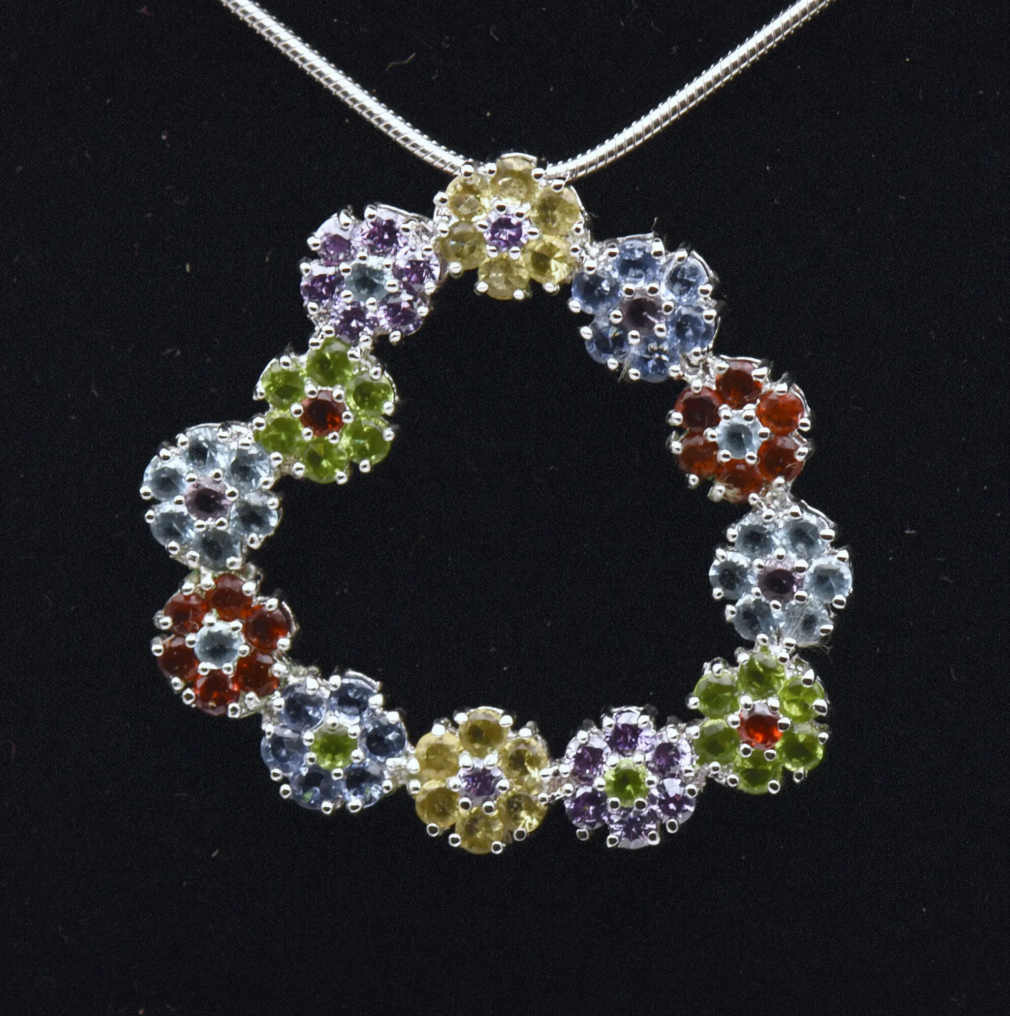Vintage Colorful Rhinestone Floral Heart Pendant on Chain Necklace - 24"