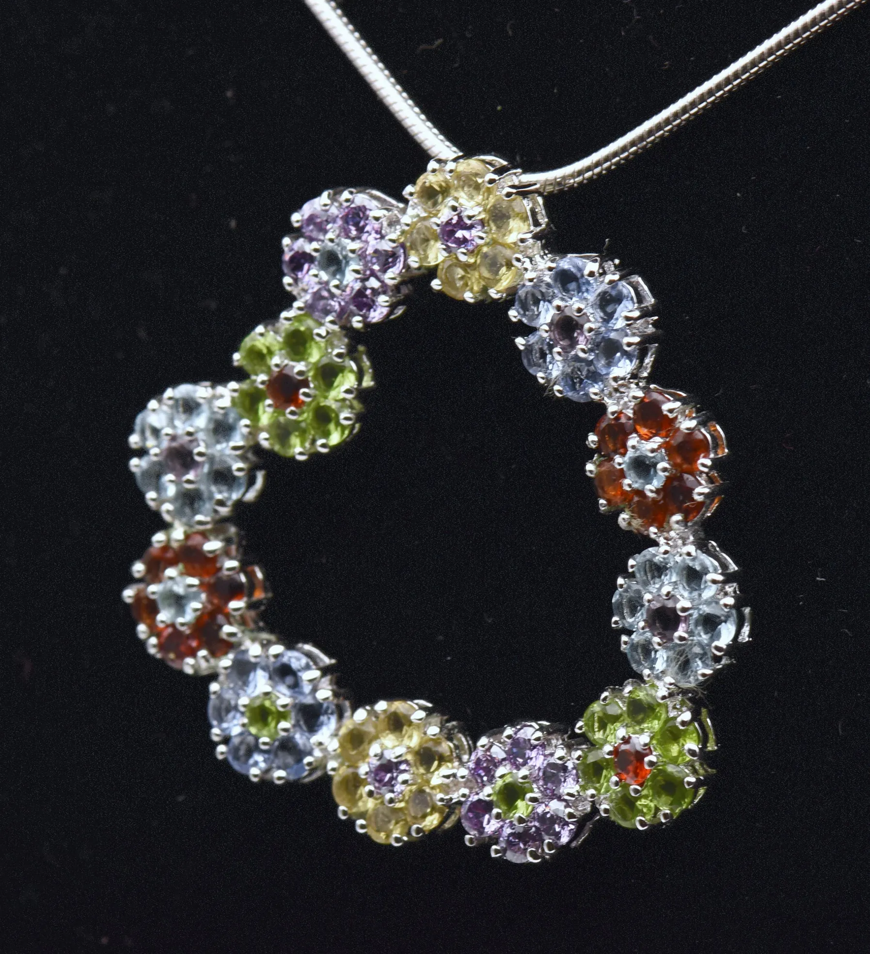 Vintage Colorful Rhinestone Floral Heart Pendant on Chain Necklace - 24"