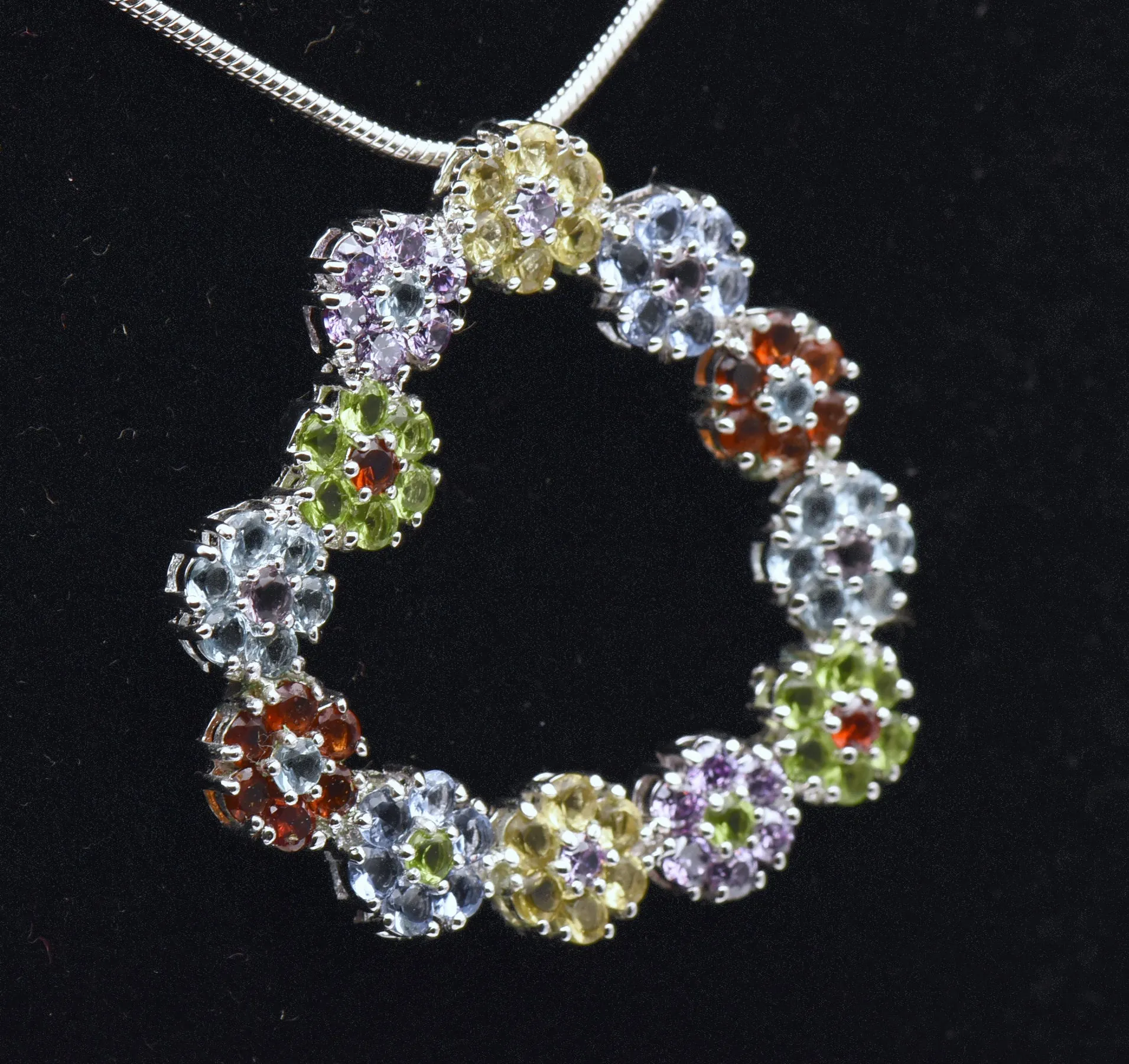Vintage Colorful Rhinestone Floral Heart Pendant on Chain Necklace - 24"