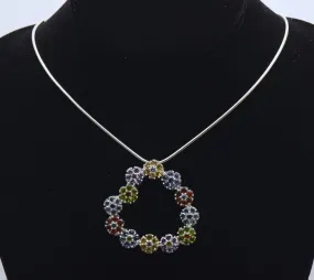 Vintage Colorful Rhinestone Floral Heart Pendant on Chain Necklace - 24"