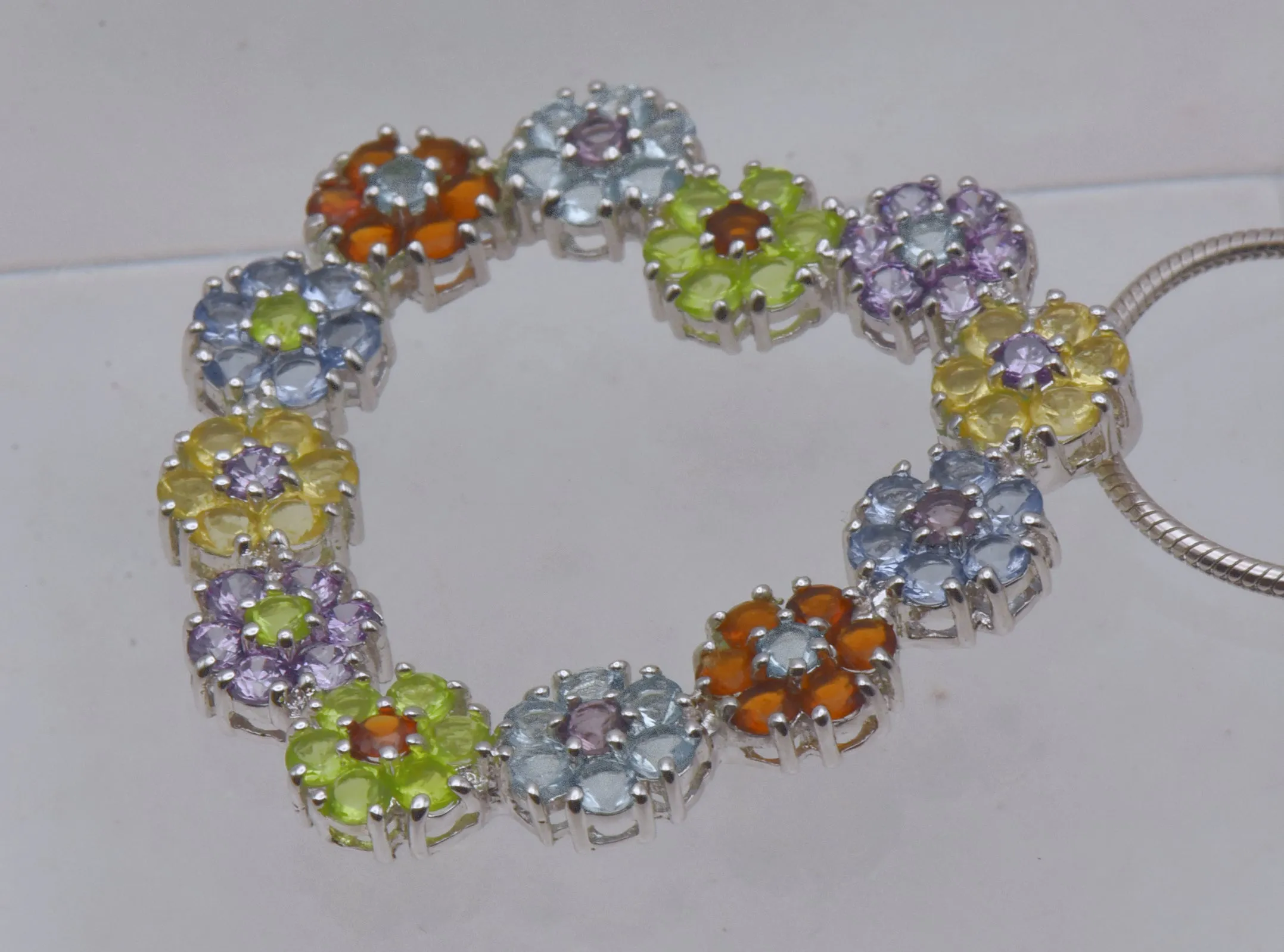 Vintage Colorful Rhinestone Floral Heart Pendant on Chain Necklace - 24"