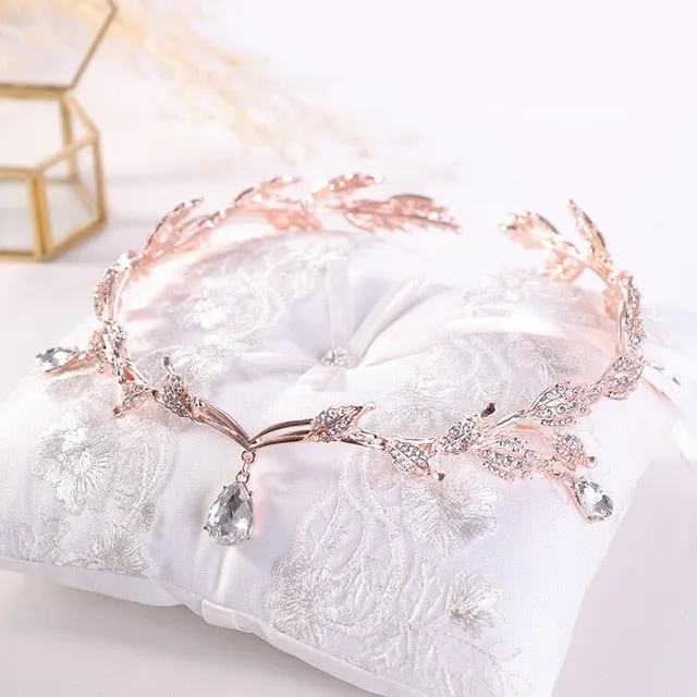 Vintage Crystal Bridal Hair Accessory for Bride - Wedding Rhinestone Waterdrop Leaf Tiara Crown