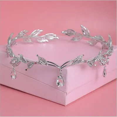 Vintage Crystal Bridal Hair Accessory for Bride - Wedding Rhinestone Waterdrop Leaf Tiara Crown