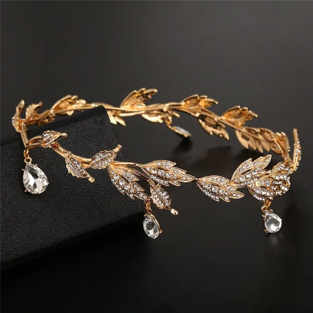 Vintage Crystal Bridal Hair Accessory for Bride - Wedding Rhinestone Waterdrop Leaf Tiara Crown