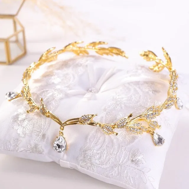 Vintage Crystal Bridal Hair Accessory for Bride - Wedding Rhinestone Waterdrop Leaf Tiara Crown